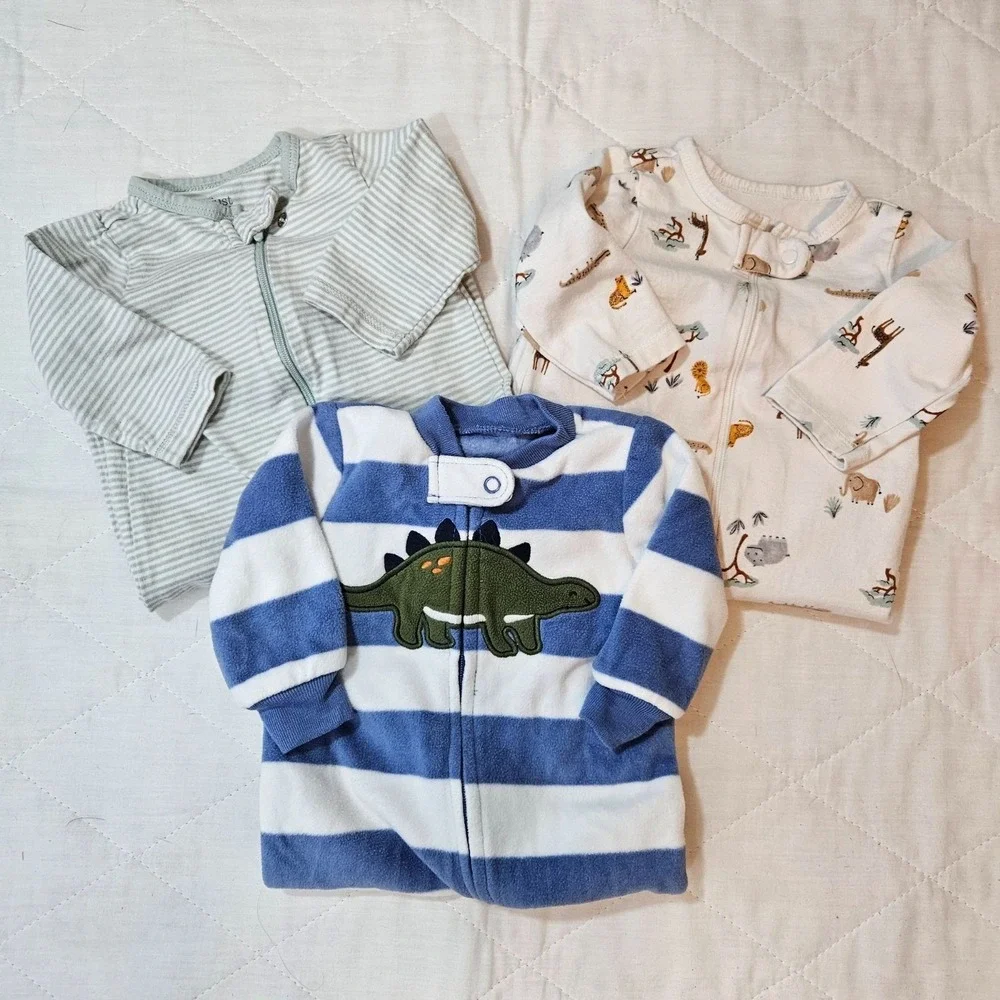 Carter's Baby Boys 3M Footed Sleepers Dinosaur Safari Stripes Lot of 3‎